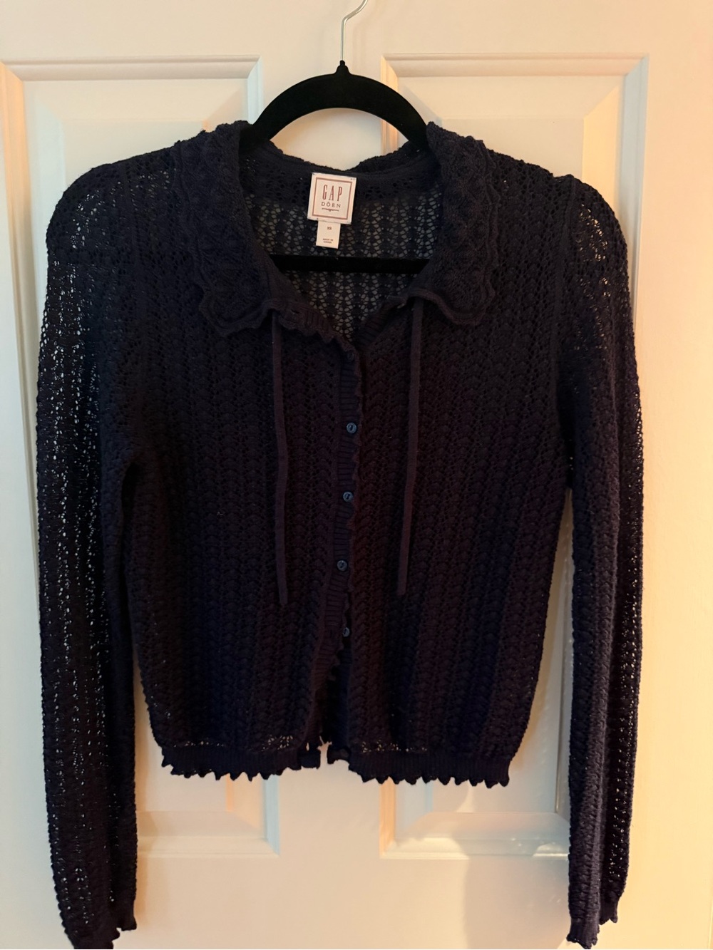 GAP x Doen Navy Crochet Tie-Neck Button Cardigan